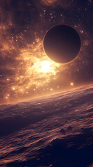 Obraz premium A small moon orbiting a giant gas planet, barely visible.