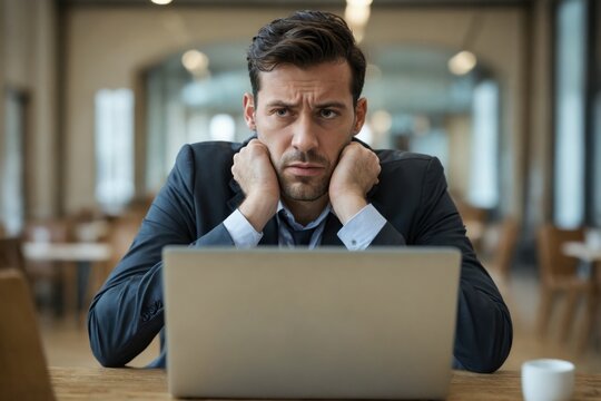 Man sitting desk laptop front him He is Upset businessman close