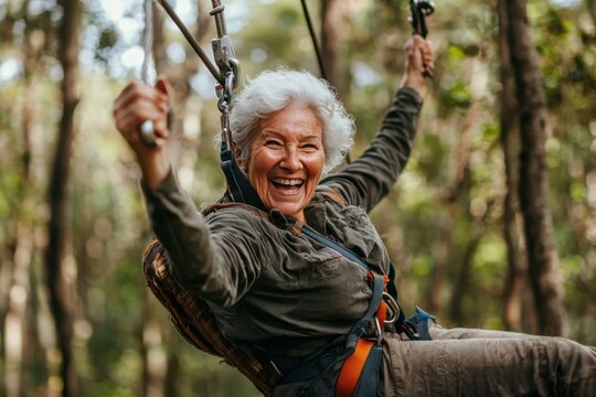 Senior Zipline. Elderly woman swinging on zipline in forest, joyful ad