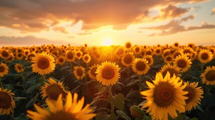 Fototapeta premium Captivating timelapse footage showcasing the beautiful transformation of a sunflower field at dawn