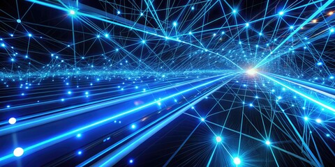 Obraz premium Fast moving blue network lines and neon lights create a psychedelic and futuristic mood.