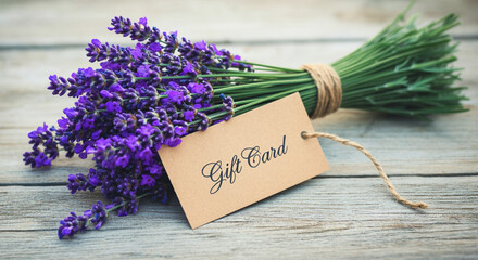 Lavender bouquet with gift card on wooden background for a thoughtful present or decoration