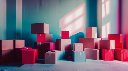 Obraz premium A collection of cardboard boxes, varying in size and color, arranged in an empty room with colorful light streaming in.