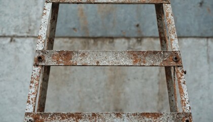 Old rusted metal ladder leaning against concrete wall Technician