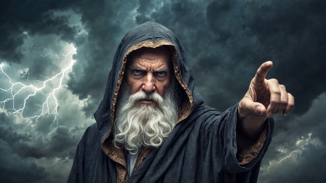 Old man long white beard hooded cloak standing An old prophet