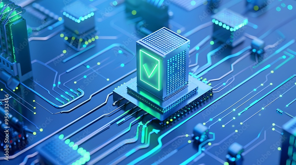 Poster 3d rendering of a futuristic cpu with a verified mark on a motherboard, symbolizing secure technolog