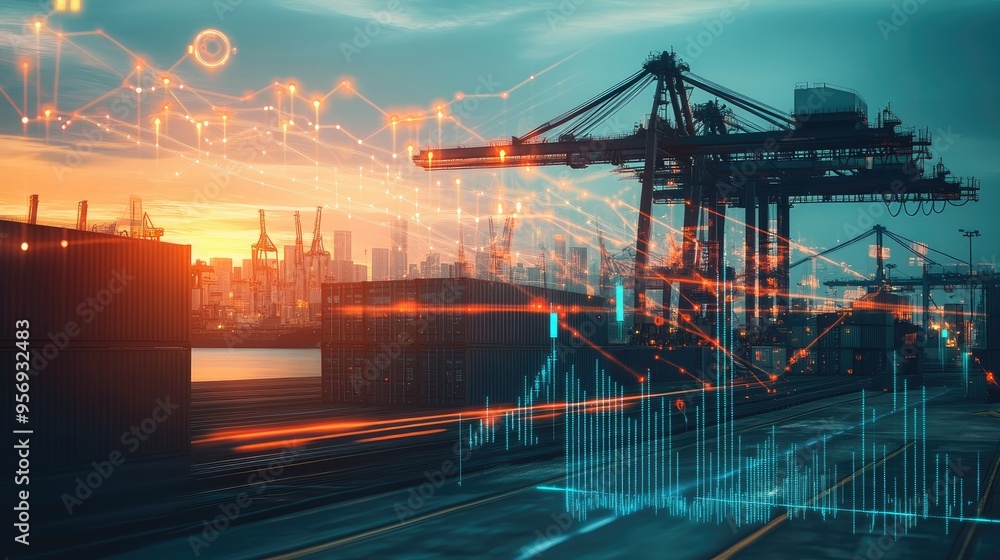Poster port scene with cargo containers being handled by a crane, overlayed with a chart indicating growth.