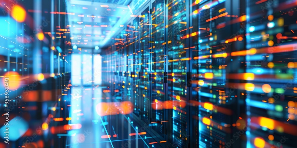 Poster a network server room with a double exposure of glowing data streams, highlighting data processing a