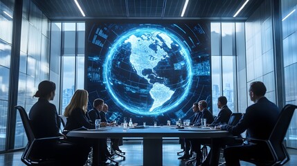 High-tech conference room with a digital globe projection, diplomats in formal attire engaging in discussions