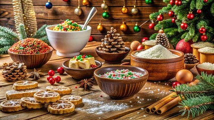 Fototapeta premium Festive holiday treats adorn a rustic wooden table, surrounded by sprinkles, icing, and mixing bowls, evoking the warm, cozy atmosphere of a winter wonderland kitchen.