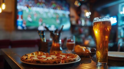 Fototapeta premium A wooden table holds a delicious pizza and a frothy beer in a cozy pub, with a blurred TV screen showing a lively sports game in the background.
