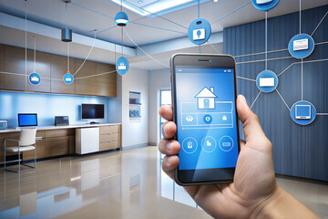 Smart home concept. Smart Home Interface.Hand with smartphone. Concept of green energy or rational consumption of energy