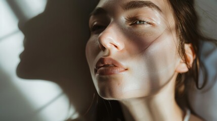 Fototapeta premium A close-up of a woman's face bathed in gentle sunlight, casting soft shadows and highlighting her thoughtful, serene expression.