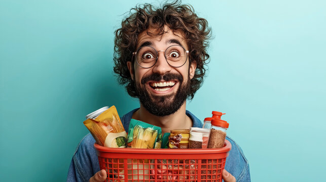 Cheerful bearded man with curly hair and glasses holding a red basket filled with various grocery items and food products against a turquoise background.