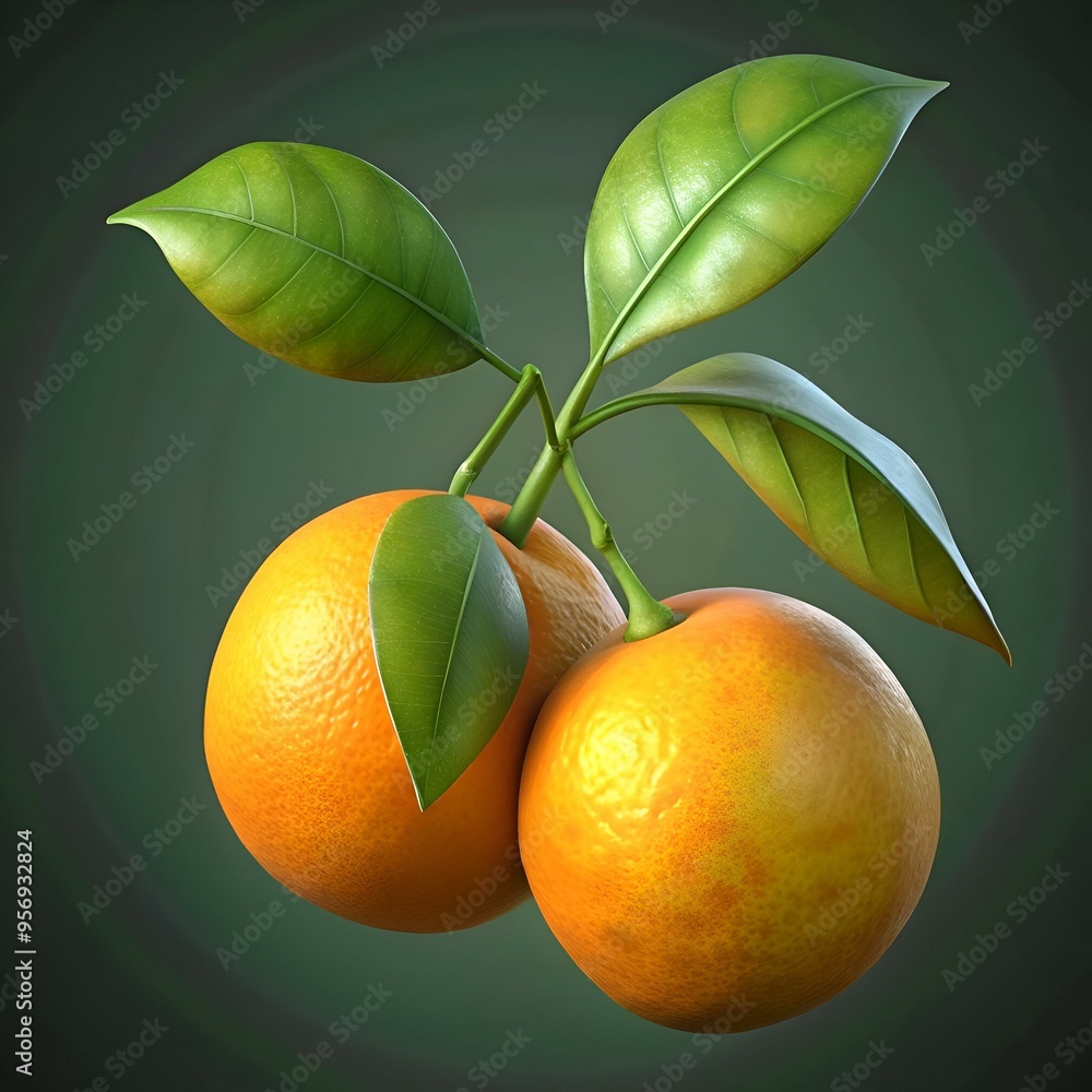 Poster a vibrant 3d illustration of two calamondin oranges with lush green leaves. perfect for adding a tou