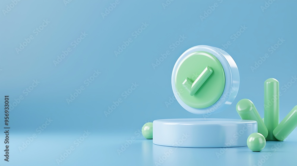 Poster 3d rendering of a green checkmark on pedestal against a blue background. concept of approval and val