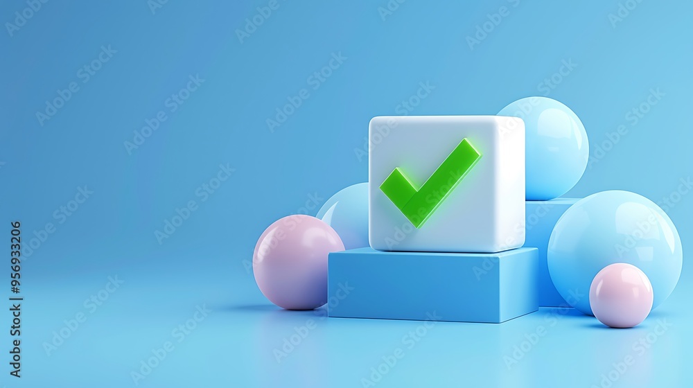 Poster 3d rendering of geometric shapes with a checkmark symbol on a blue background, symbolizing approval 