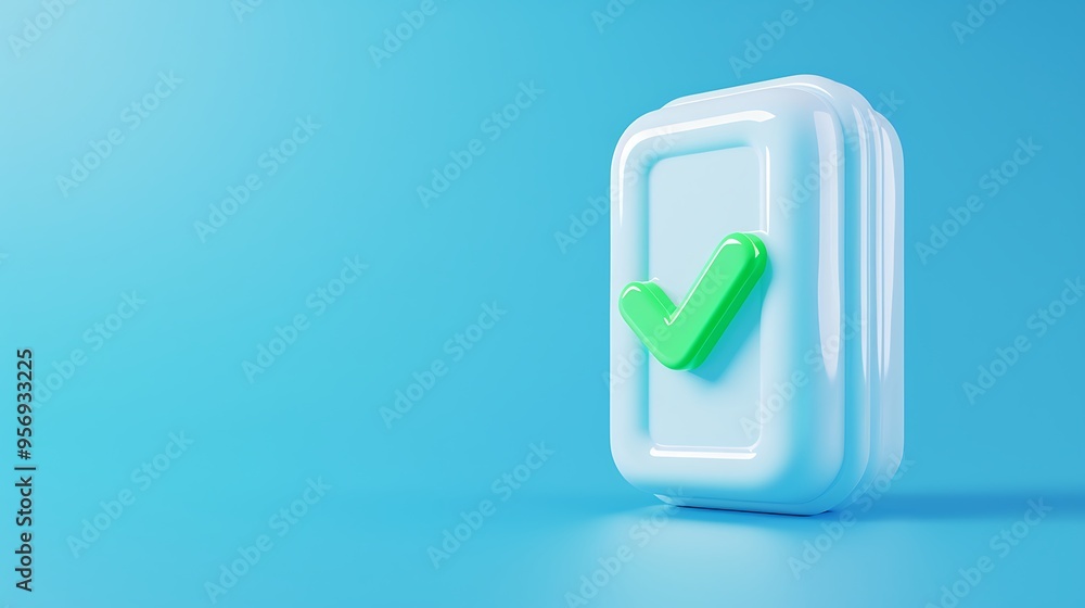 Poster 3d rendering of a white mobile app icon with a green checkmark on a blue background symbolizing veri