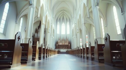 An elegant, serene cathedral interior with tall arches and stained glass windows, emanating a sense of peace and grandeur.