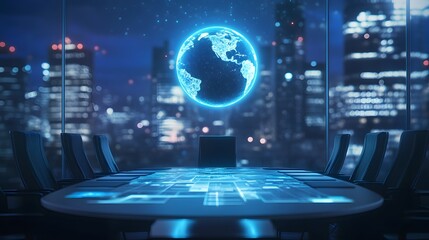 A high-tech meeting of global leaders, with a glowing holographic Earth suspended above the roundtable