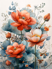 Watercolor Lotus Flowers with Butterfly and Leaves