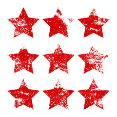 Red vintage stars with cracks and stains. Old hand-drawn sign, black simple shape. Retro design element with distressed effect, grunge texture. Vector illustration