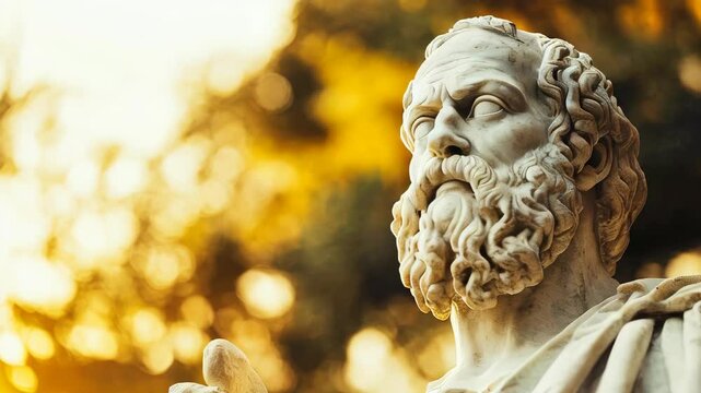 A white marble statue of Socrates, the ancient Greek philosopher