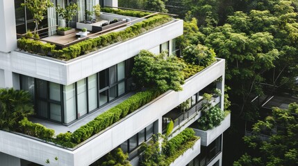 Fototapeta premium A modern multi-story apartment building draped in lush green plants, showcasing an urban oasis with spacious terraces adorned with verdant foliage.