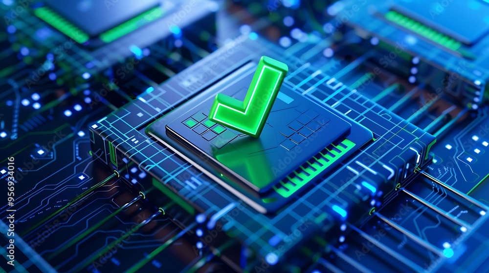 Poster a close-up of a computer chip with a green checkmark symbolizing technology, security, and data veri