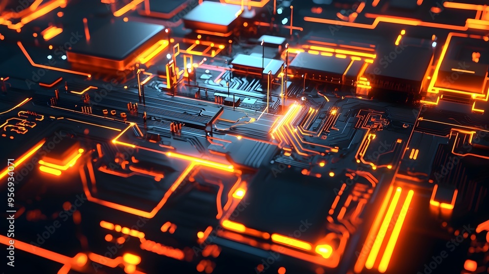 Poster futuristic glowing circuit board with intricate neon elements and high-tech design