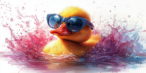 Naklejka premium A cool duckling with sunglasses swims in a pool with pink and blue splashes.