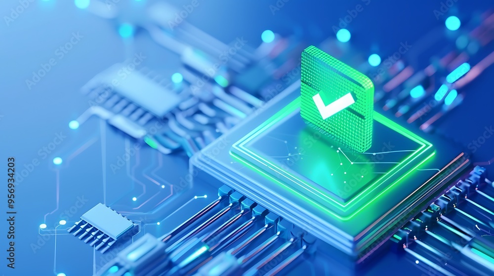 Poster a close-up of a microchip with a glowing check mark, representing data security, validation, and tec