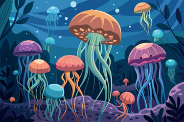 Colorful jellyfish swimming in ocean depths illustration © fiore26