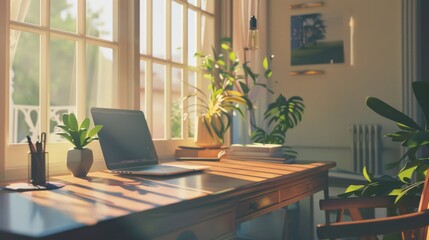 Fototapeta premium An elegant home office is bathed in warm sunlight, featuring a sleek laptop, potted plants, and a tranquil atmosphere perfect for focused work.