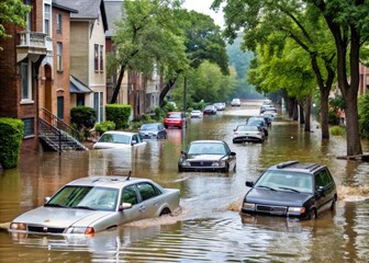 flooded chicago neighborhood streets abandoned vehicles rain