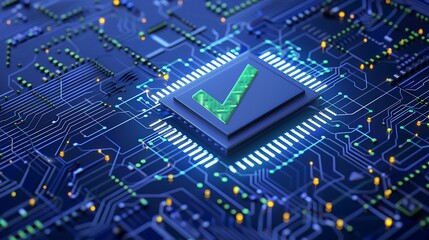 Obraz premium A close-up view of a computer microchip with a green check mark, symbolizing successful processing or approval on a digital circuit board.