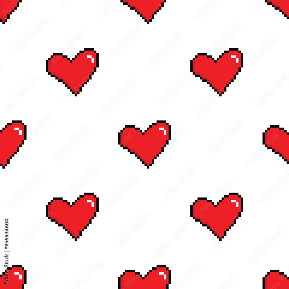 Poster pixel heart seamless pattern vector love background pixel art for 8 bit game