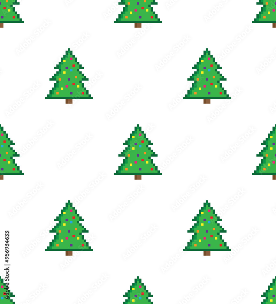 Poster pixel christmas tree seamless pattern vector winter background pixel art for 8 bit game