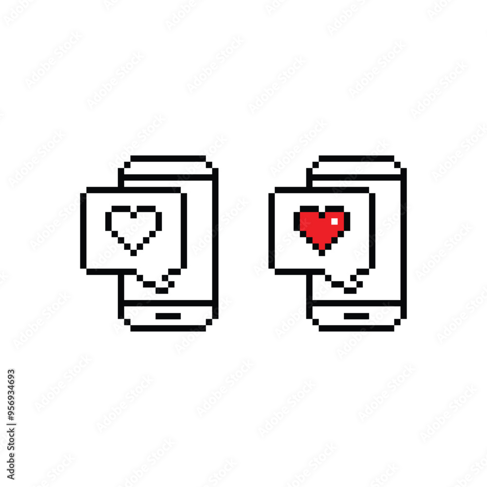 Poster pixel art smartphone and love message vector icon pixel element for 8 bit game