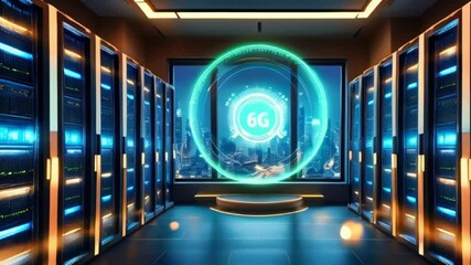 A server room with a large glowing 6G symbol hovering in front of a window with a view of a city at night. - Powered by Adobe