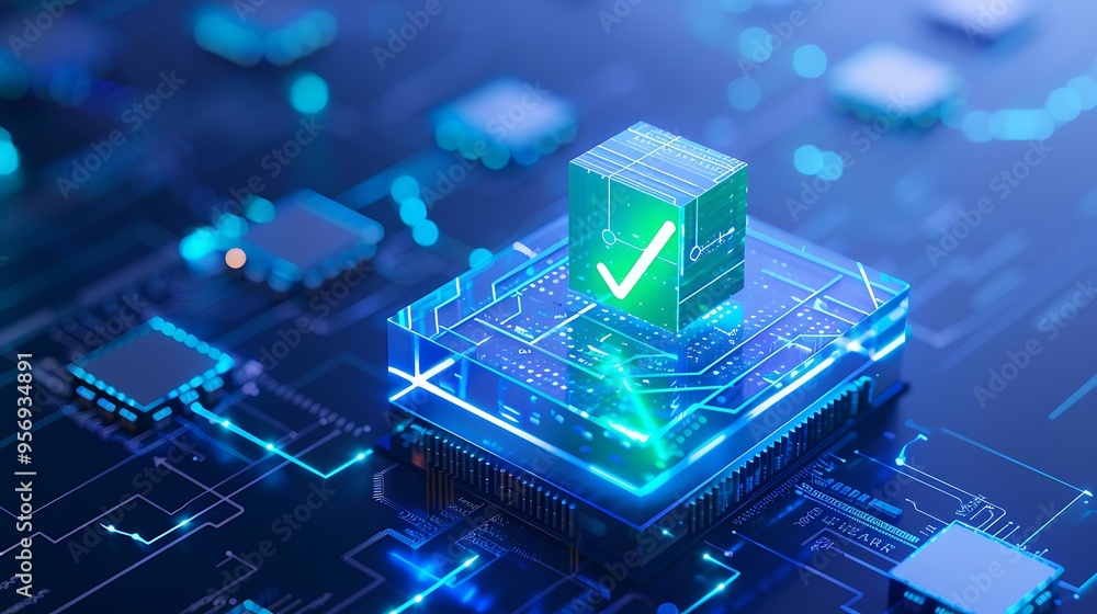 Poster a digital illustration featuring a futuristic microchip with a green check mark, symbolizing success