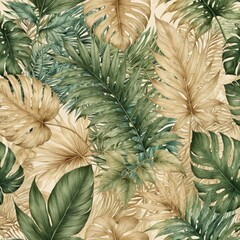 Obraz premium Seamless pattern tropical leaves various shades green beige Trop