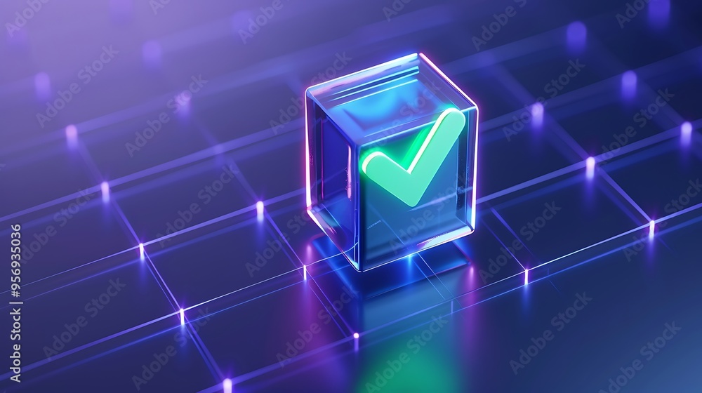 Poster a futuristic 3d rendering of a glowing check mark in a transparent box on a digital grid background,