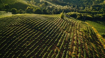 Fototapeta premium Sunlit terraced fields stretch over rolling hills, displaying meticulously planted rows and providing a verdant tapestry of agriculture and nature.