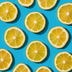 Fototapeta premium Seamless pattern background Yellow Lemon slices on blue color background