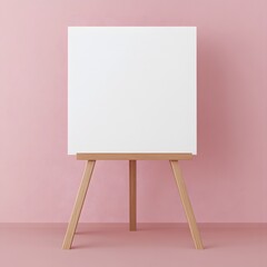 A white canvas is propped up on a wooden stand