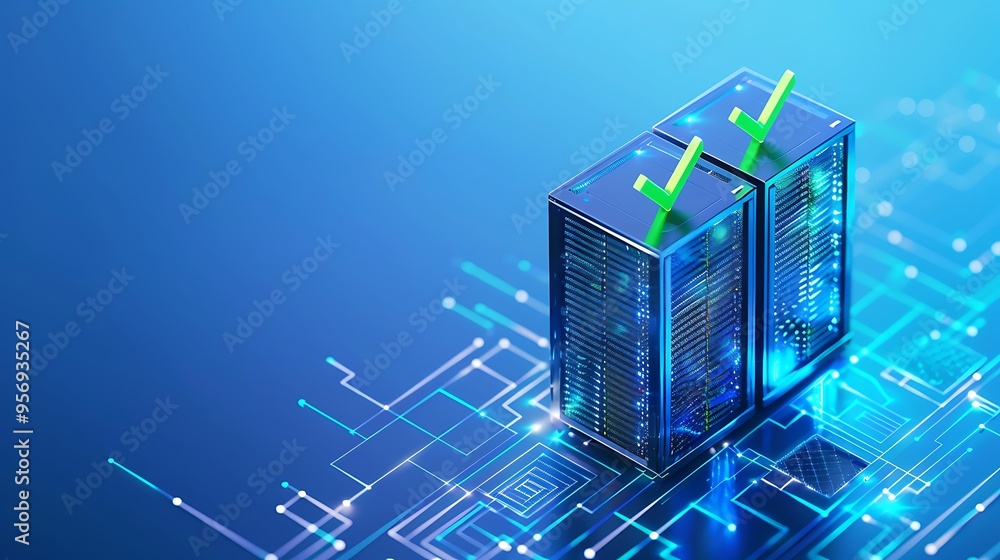 Poster a futuristic concept of server racks with check marks, symbolizing secure data storage and protectio