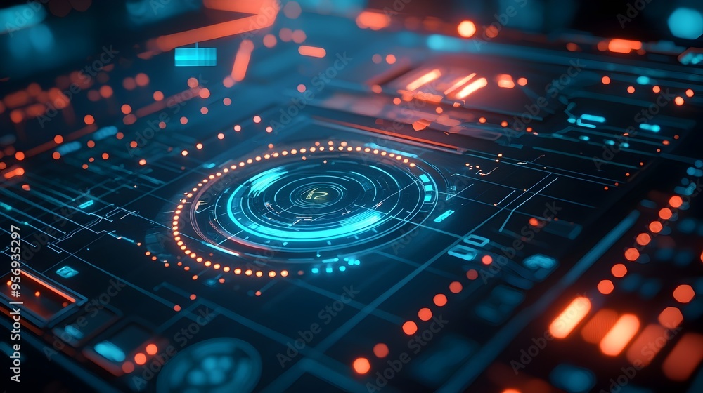Poster futuristic digital holographic interface with glowing data grids and high-tech visuals