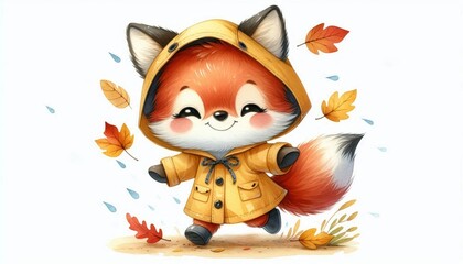 Fototapeta premium A joyful fox in a yellow raincoat skips through a field of fallen autumn leaves, with raindrops falling around it. The illustration evokes feelings of happiness, playfulness, and the beauty of the cha