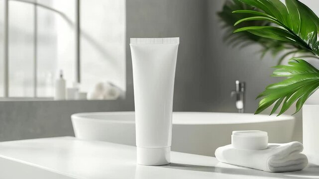 White cosmetic tubes in a modern white bathroom